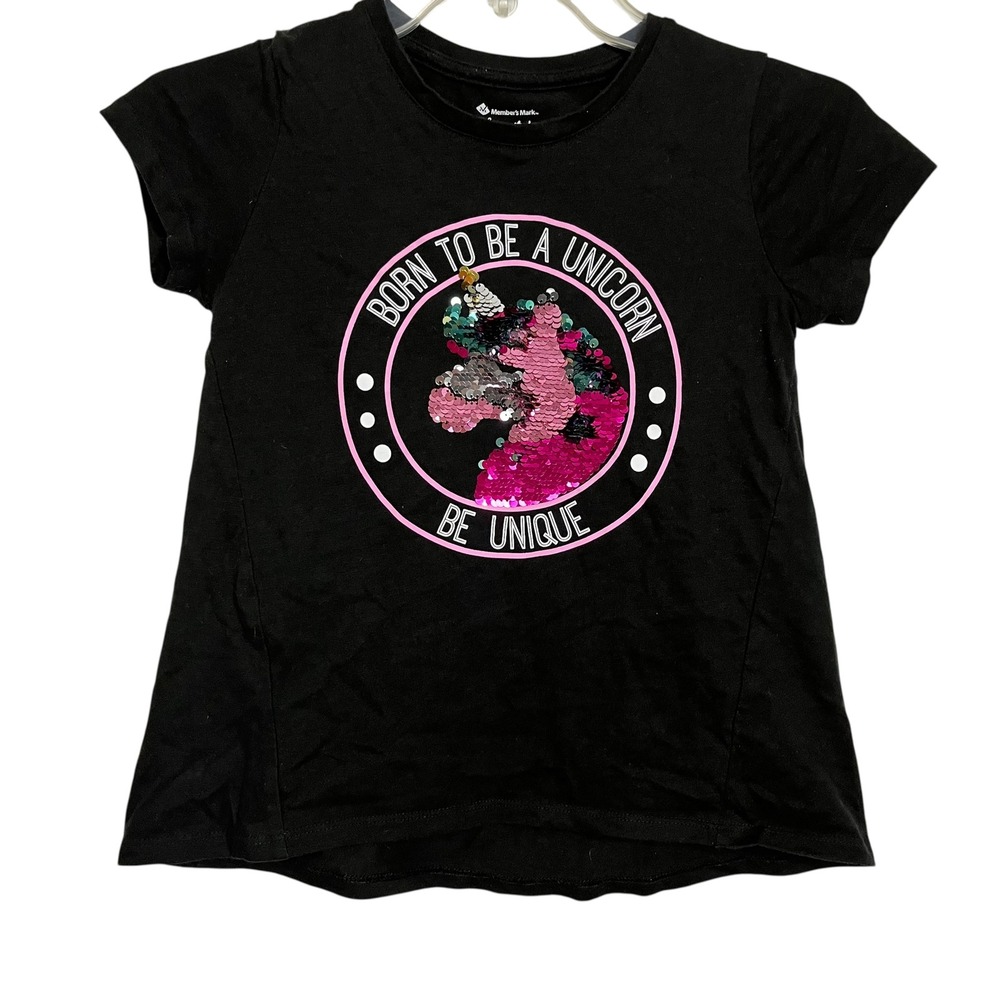 2/$15 Kids Black Unicorn Sequin Graphic Tee Born To Be A Unicorn 7/8 (3163)‎